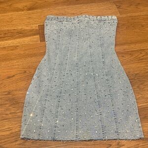 Embellished Denim Strapless Mini Dress
